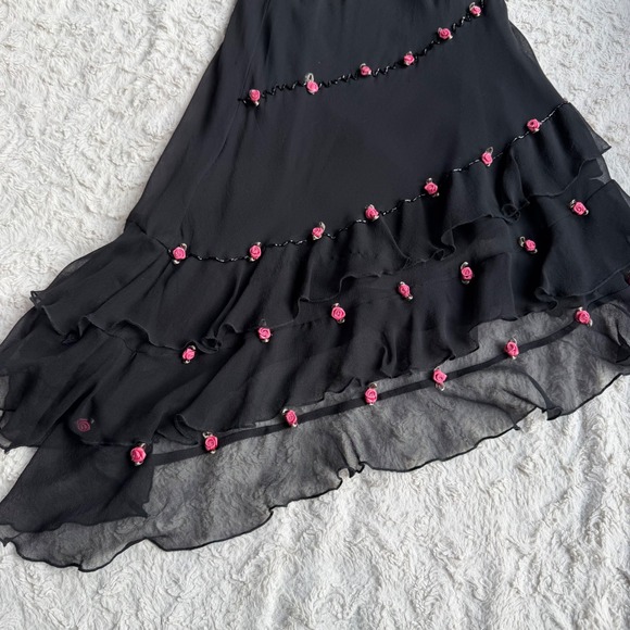 ICE Rosette Floral Slip Dress Beaded Ruffle Asymmetric Hem Cocktail Formal M - Picture 7 of 14
